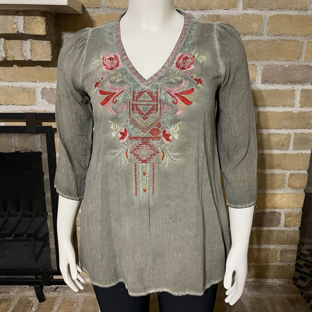 Andre By Unit Womens Floral Embroidered 3/4 Sleeve Rayon Green Top Size Medium